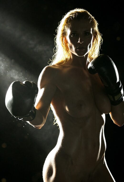 naked blonde female boxer in a in dim gym after hours