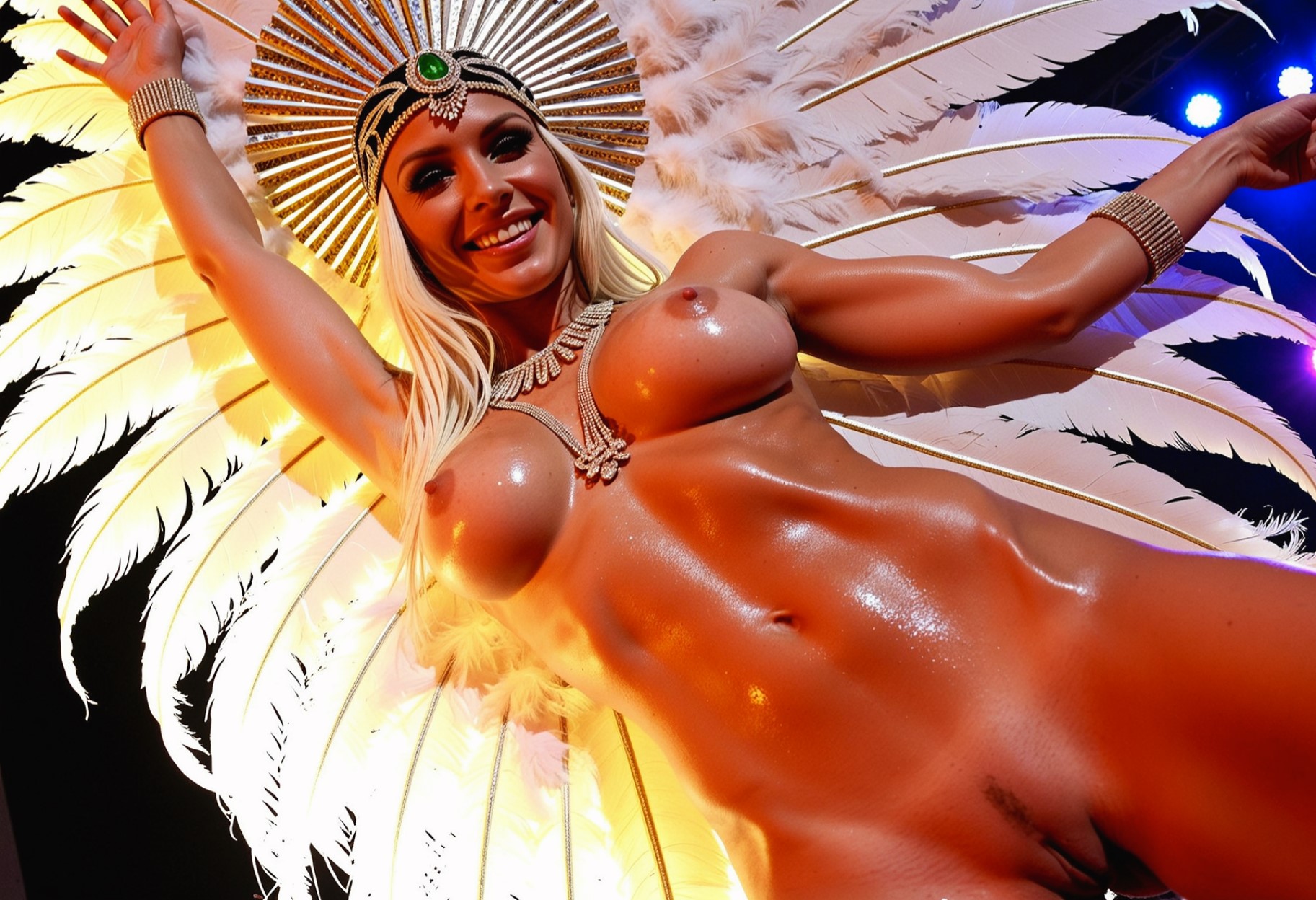 hot women with white glitter and sequins nude on a float