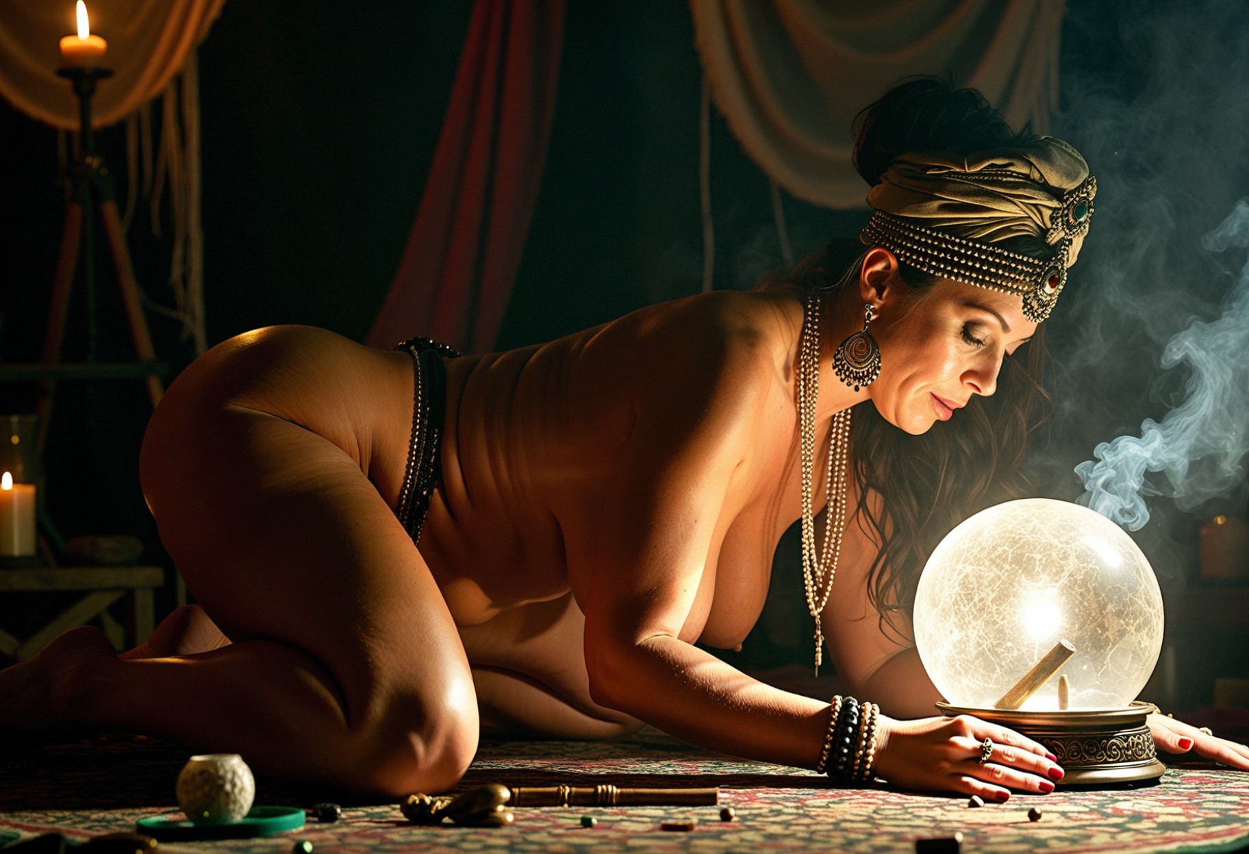 side view of a milf provocative flirty psychic reading women