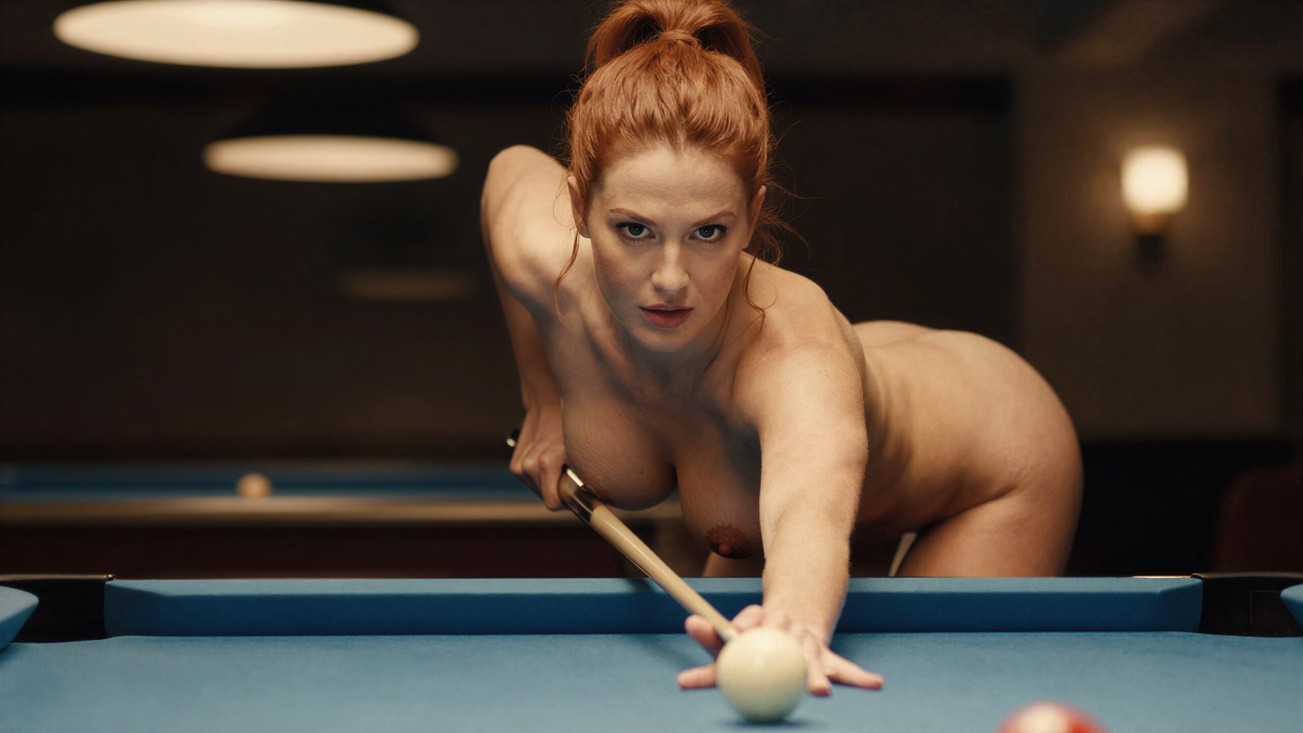 redhead is topless and bending over in billiard club night competition  