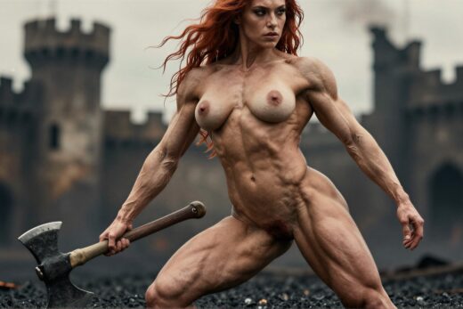 redhead is holding an axe in a strong woman domination type pose